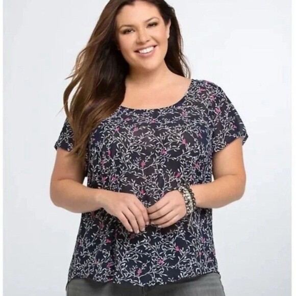 TORRID Womens Size 0 Blue Floral Bird Print Sheer Chiffon Button Back Blouse Top - Picture 6 of 8